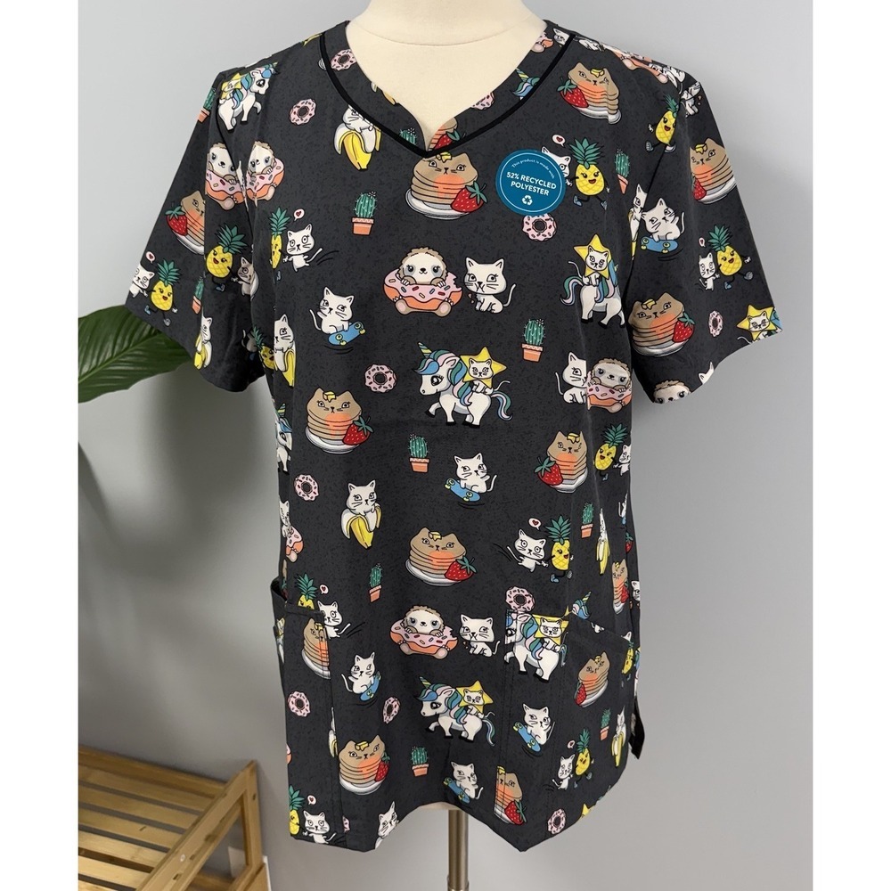 NWT Cherokee Rainbow Unicorn & Cats Scrub Top L Gray Feline Cat Scrubs Shirt